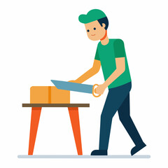 a man is making repairs at home, sawing a board. Flat vector illustration isolated on a white background