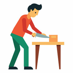 a man is making repairs at home, sawing a board. Flat vector illustration isolated on a white background