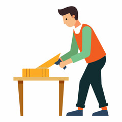 a man is making repairs at home, sawing a board. Flat vector illustration isolated on a white background