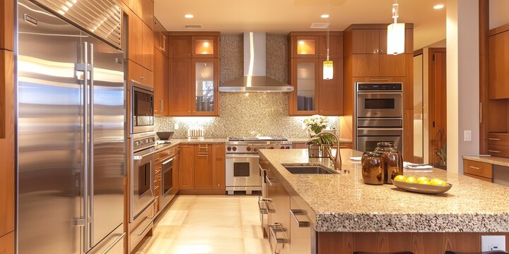 Modern kitchen with stainless steel appliances, an island, and granite countertops