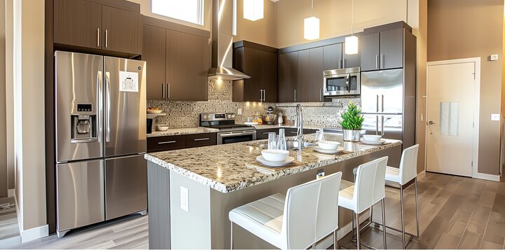 Modern kitchen with stainless steel appliances, an island, and granite countertops