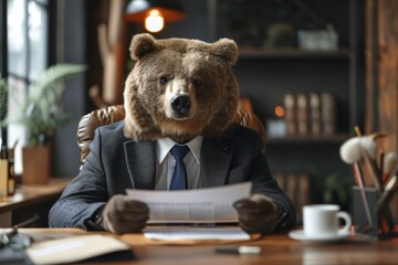 Financial advisor with a bear's head, offering cryptocurrency investment services with a personalized touch, contemporary financial office, little minimal style