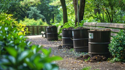 Obraz premium A view of multiple composting s in a public park providing a hygienic and environmentally friendly option for parkgoers.