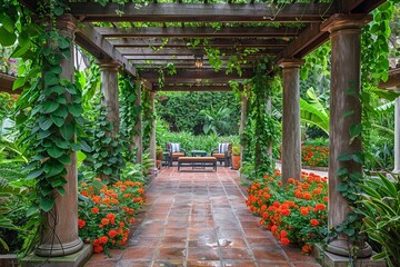 Envision a professionally designed pergola embellished with cascading vines, vibrant flowers, and lush foliage, crafting a serene and elegant atmosphere.