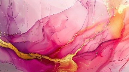 Dynamic pink and white marble background with sparkling gold veins