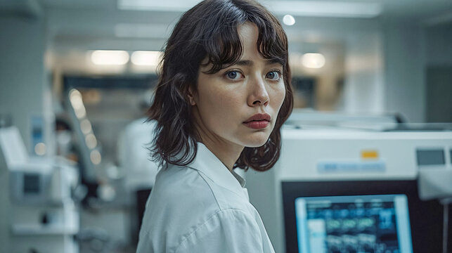 An Asian Woman Researcher, A Portrait Of A Young Scientist In A Laboratory.