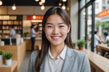Close Portrait of Happy young Asian saleswoman looking at camera welcoming client.