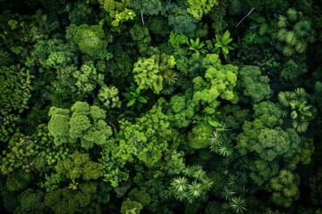 Dense forest with numerous trees seen from above, showcasing varying shades of green and intricate patterns - Powered by Adobe