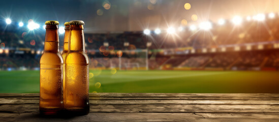 Cold beer bottles with stadium scene in background. Sport, game and fresh drink, summer time. Championship football cup. Banner with copy space