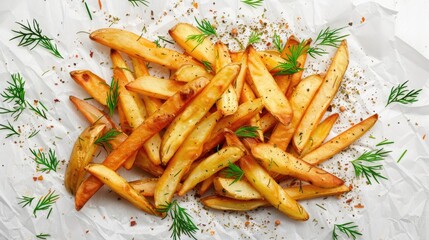 Seasoned Fries. French Potato Fast Food Snack on White Background with Dill Sprigs