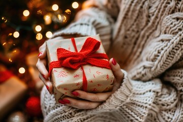 Christmas Knitted. Stylish Woman Holding Wrapped Red Bow Gift in Cozy Sweater with Christmas Tree Lights. Festive Decorated Room. Merry Christmas