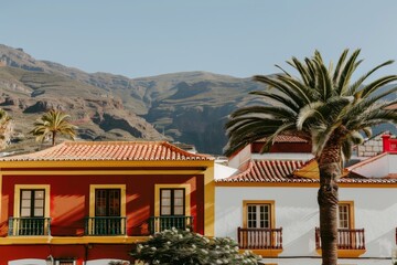 Fototapeta premium Tourist destination colorful city candy buildings South America architecture old houses palms art home exterior facade town streets historic exploration warm tropical county tourism aesthetic