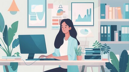 A woman sitting at a desk in front of a computer, focused on her work.
