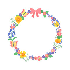 Bright summer wreath with flowers and butterflies. Circle frame summer vector illustration. Pink bow, butterfly, cute blossom, blank copy space for text. Spring summer wreath on white background.