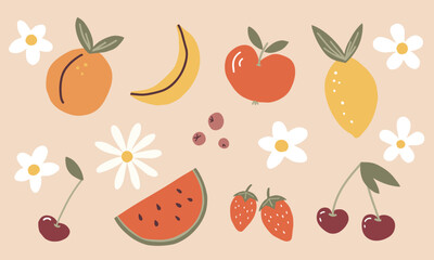 Vector set of fruits banana, peach,strawberry, lemon, cherry,apple,watermelon and daisy flowers