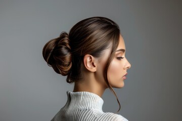 Woman Hair Bun. Beautiful Girl with Elegant Coiffure Hairstyle in Fashionable Gray Background