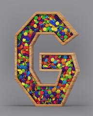 3d rendering of the English alphabet. Wooden letters with colorful candies