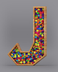3d rendering of the English alphabet. Wooden letters with colorful candies