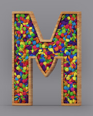 3d rendering of the English alphabet. Wooden letters with colorful candies