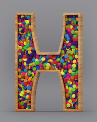 3d rendering of the English alphabet. Wooden letters with colorful candies