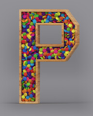 3d rendering of the English alphabet. Wooden letters with colorful candies