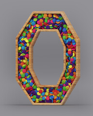 3d rendering of the English alphabet. Wooden letters with colorful candies
