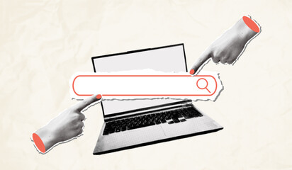 Trendy pop art collage search concept. Halftone laptop computer with search bar and cut out hands pointing on it. Modern retro vector illustration for mixed media design
