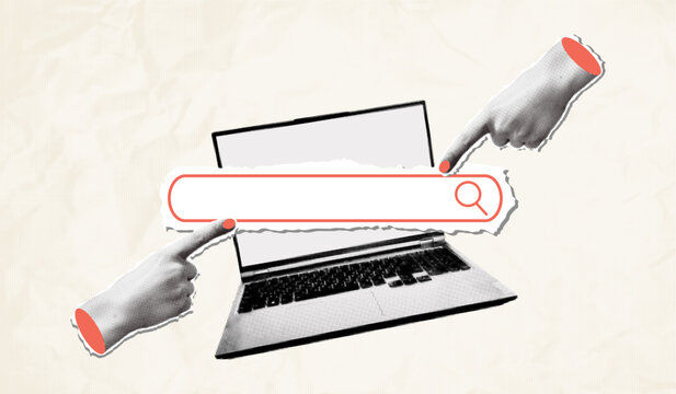 Trendy pop art collage search concept. Halftone laptop computer with search bar and cut out hands pointing on it. Modern retro vector illustration for mixed media design