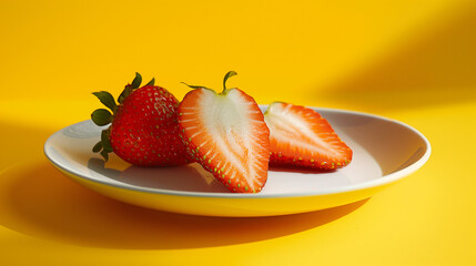 A photo captures a sliced strawberry resting on a plate against a vibrant yellow background. The bright colors and fresh fruit create a visually appealing scene