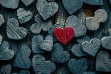 Obraz premium Romantic and round image. Wooden hearts, some of which are painted red.