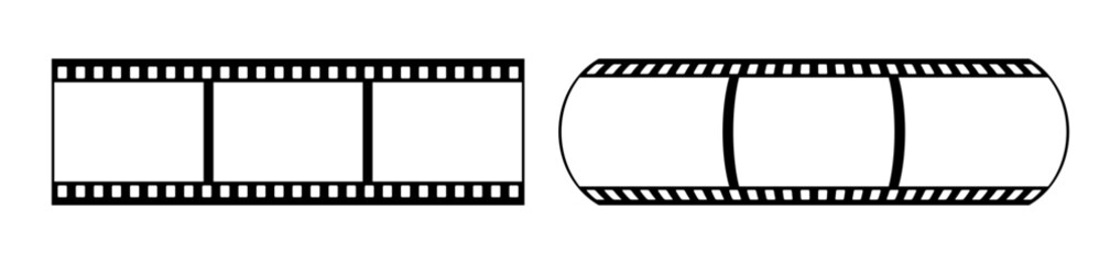 35mm flat film strip vector design with 3 frames on white background. Black film reel symbol illustration to use for photography, television, cinema, photo frame.