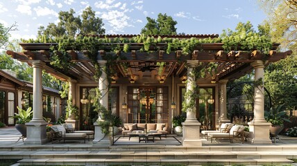 Obraz premium Envision a professionally designed pergola embellished with cascading vines, vibrant flowers, and lush foliage, crafting a serene and elegant atmosphere.