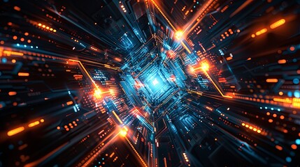 Fototapeta premium A computer chip is shown in a bright blue and orange light