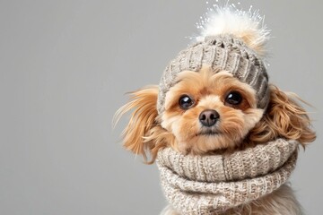adorable fluffy dog plush toy in winter outfit playful studio photo