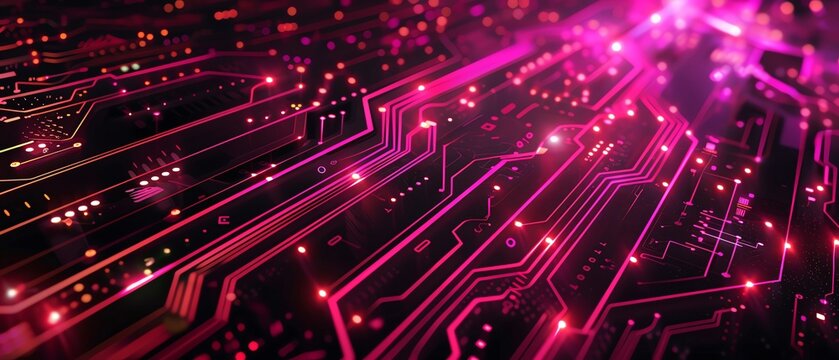 The image is a circuit board with pink glowing lights. It is an abstract image.
