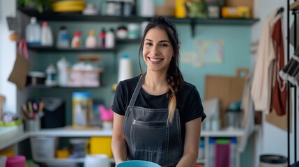 A happy woman in a special uniform. Close-up portrait of a cleaning service female worker. Efficient Cleaning Service Employee: Joyful girl Brightening Homes with a Smile