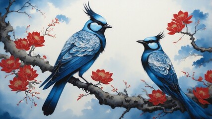 Ink painting of a pair of birds with blue and red feathers perches on the blooming tree branch