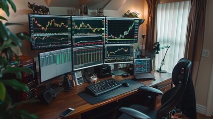 A desk equipped with several monitors and a keyboard, showcasing a modern workstation setup for productivity and multitasking.