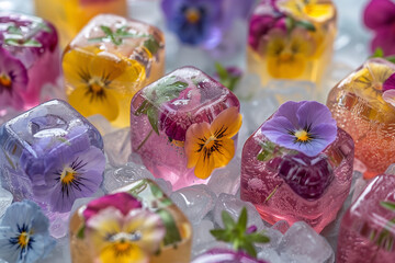 Close-up of colorful ice cubes with edible flowers, including pansies and violets, encapsulated within, set against a backdrop of other ice cubes and scattered flowers