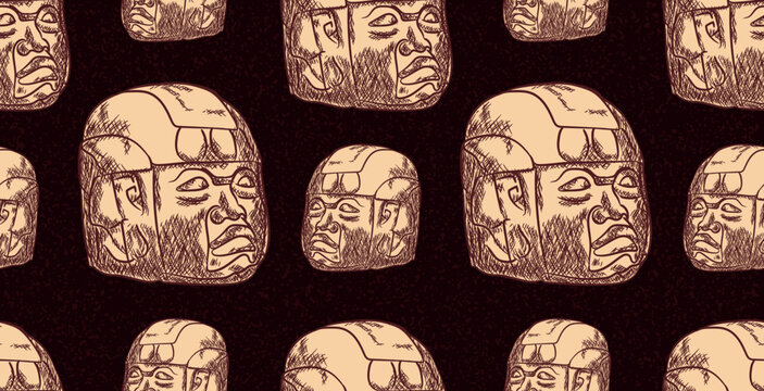 Beautiful hand drawing of Olmeca Mexican indigenous culture giant head seamless pattern 