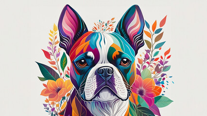 boston terrier dog on colorful flower background