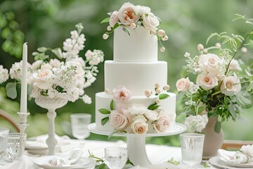 Fototapeta premium Delicate wedding bunk cake decorated with roses. White cake to order for a holiday.