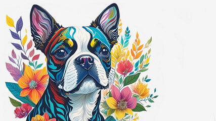 boston terrier dog on colorful flower background