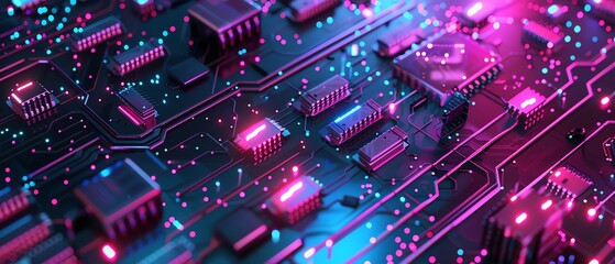 Obraz premium The image is of a computer chip with glowing pink and blue lights.