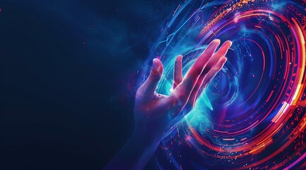 Abstract digital background with a hand touching a futuristic hologram and multi-colored 