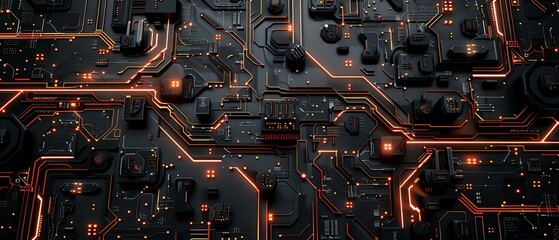 Fototapeta premium The image is of a computer circuit board with orange highlights. The board is black and the highlights are orange.