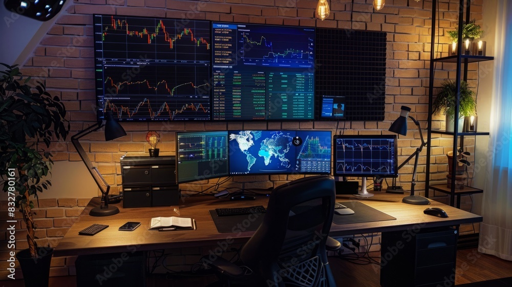 Poster a desk with two computer monitors displaying digital content, alongside a keyboard for typing and in