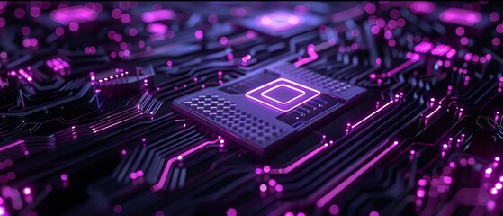 Obraz premium The image shows a close-up of a computer chip with glowing purple lights.