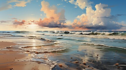 Obraz premium A Tranquil Beach Scene at Sunset with Waves and Majestic Clouds
