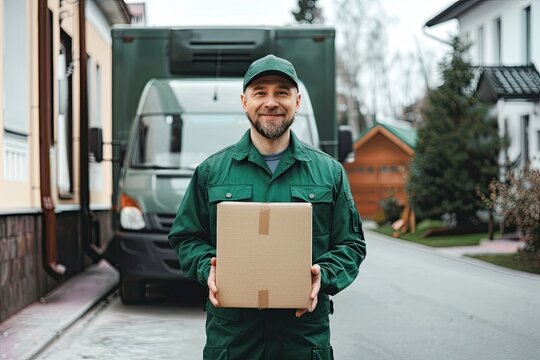 Portrait of package delivery man looking at camera dressed in uniform with a van next to him, vertical image